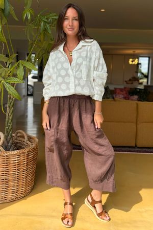 Made in Italy Pure Linen Classic 7/8 Pull On Pant Chocolate